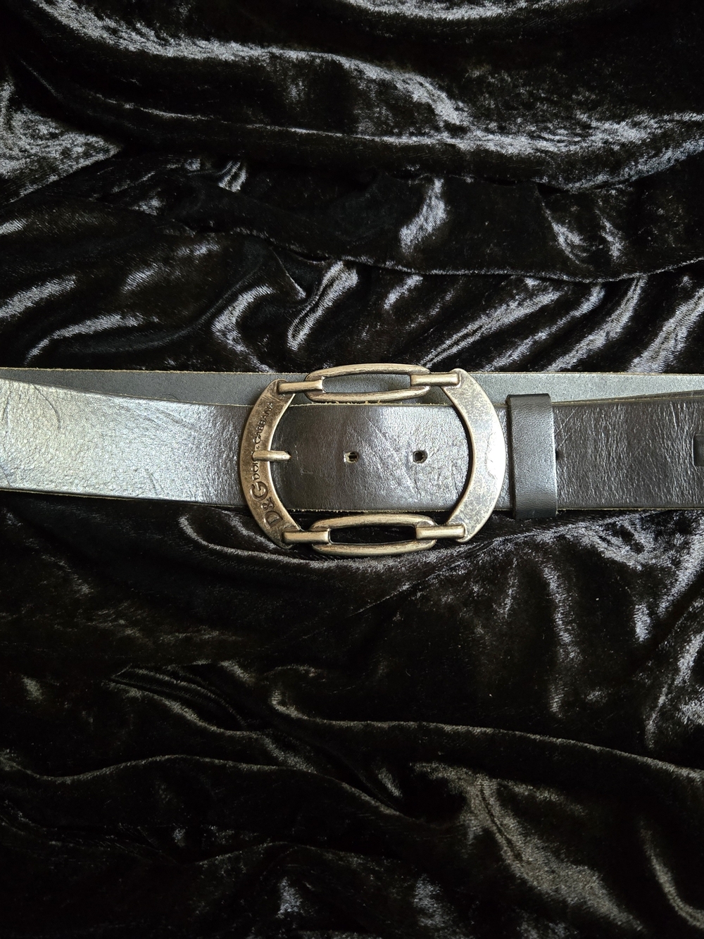 Dolce & Gabbana Black Leather Men's Belt with Antique Silver Buckle Authentic